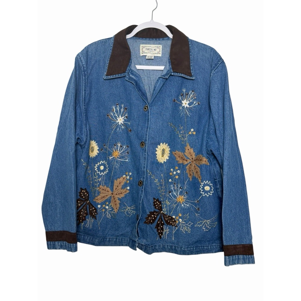 Tantrums Women's XL Denim Jacket Embroidered Floral Leaf Brown Trim 100% Cotton